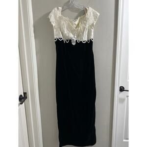 🔴Jessica McClintock Gown Black Cream Empire Lace Cut Out Dress Long‎